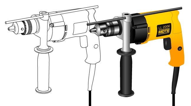 Line drawing and rendered drawing of a power drill