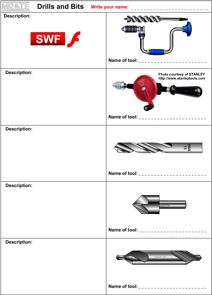 Drills and bits worksheet