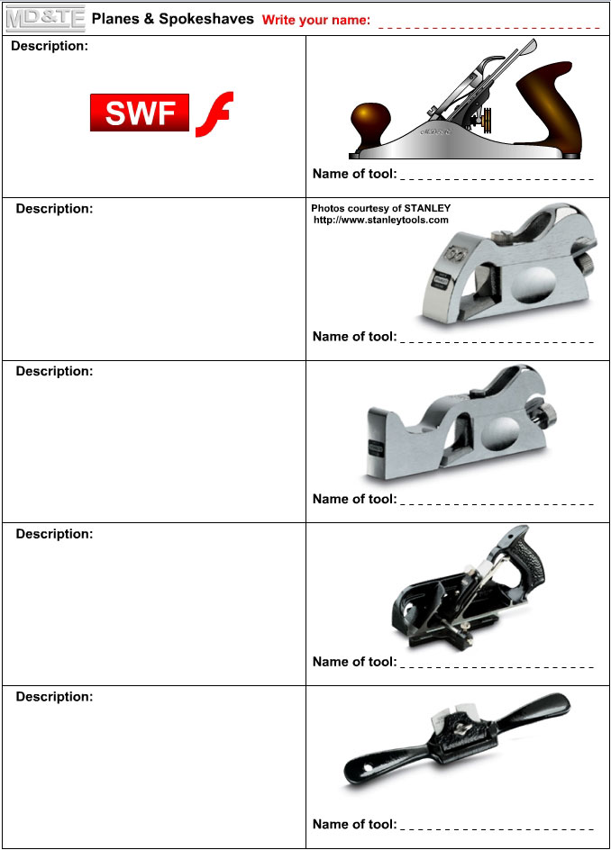 Planes and spokeshaves worksheet